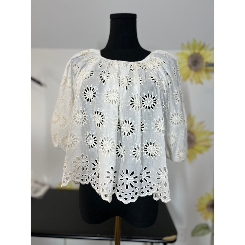 Madewell Eyelet Puff-Sleeve Top Antique Cream Floral Scalloped Small NEW - Picture 3 of 8